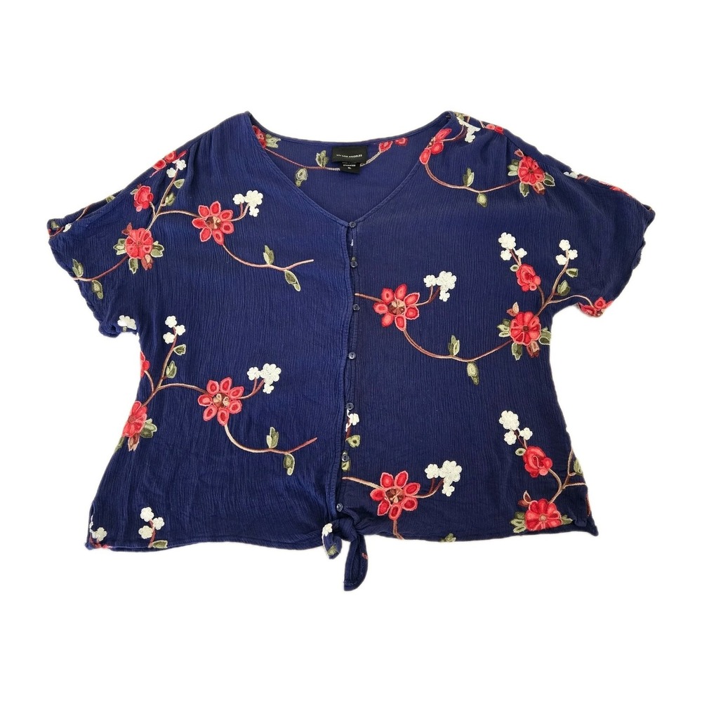 Liv Los Angeles Womens XL Blue Short Sleeve Floral Embroidered Boho Peasant Tie